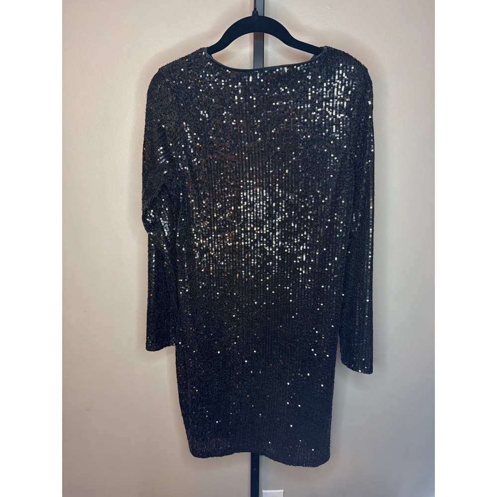 Ophelia Roe Black Sequin Long Sleeve Mini Shift Cocktail Dress Medium - Picture 2 of 3